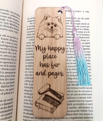 Semn de carte Pomeranian gravat pe lemn