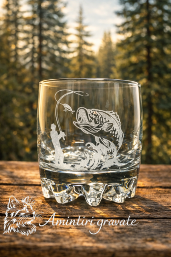 Pahar whisky gravat pescuit – cadou personalizat pentru pasionați