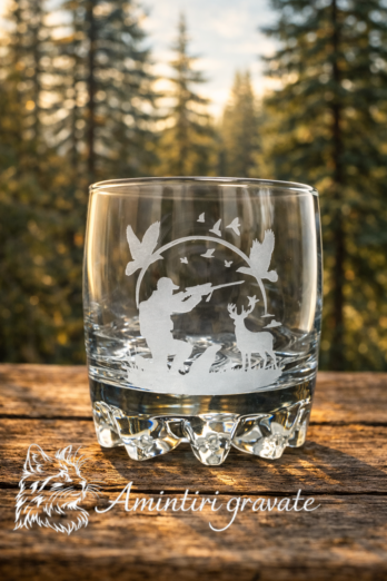 Pahar de whisky gravat cu vânător – cadou ideal pentru pasionații de vânătoare