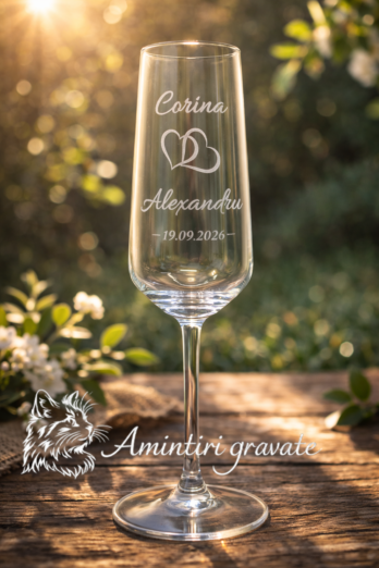 Pahar Șampanie Gravat cu Inimi și Nume – Nuntă