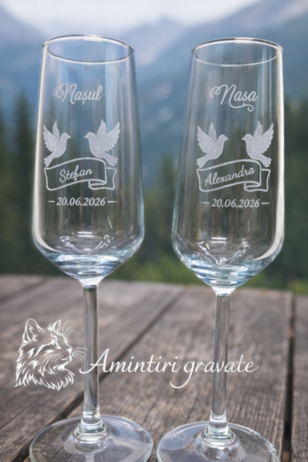 Set pahare șampanie Naș și Nașă gravate – cadou nuntă