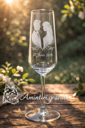 Pahar Șampanie Gravat Mire și Mireasă cu Dată – Nuntă