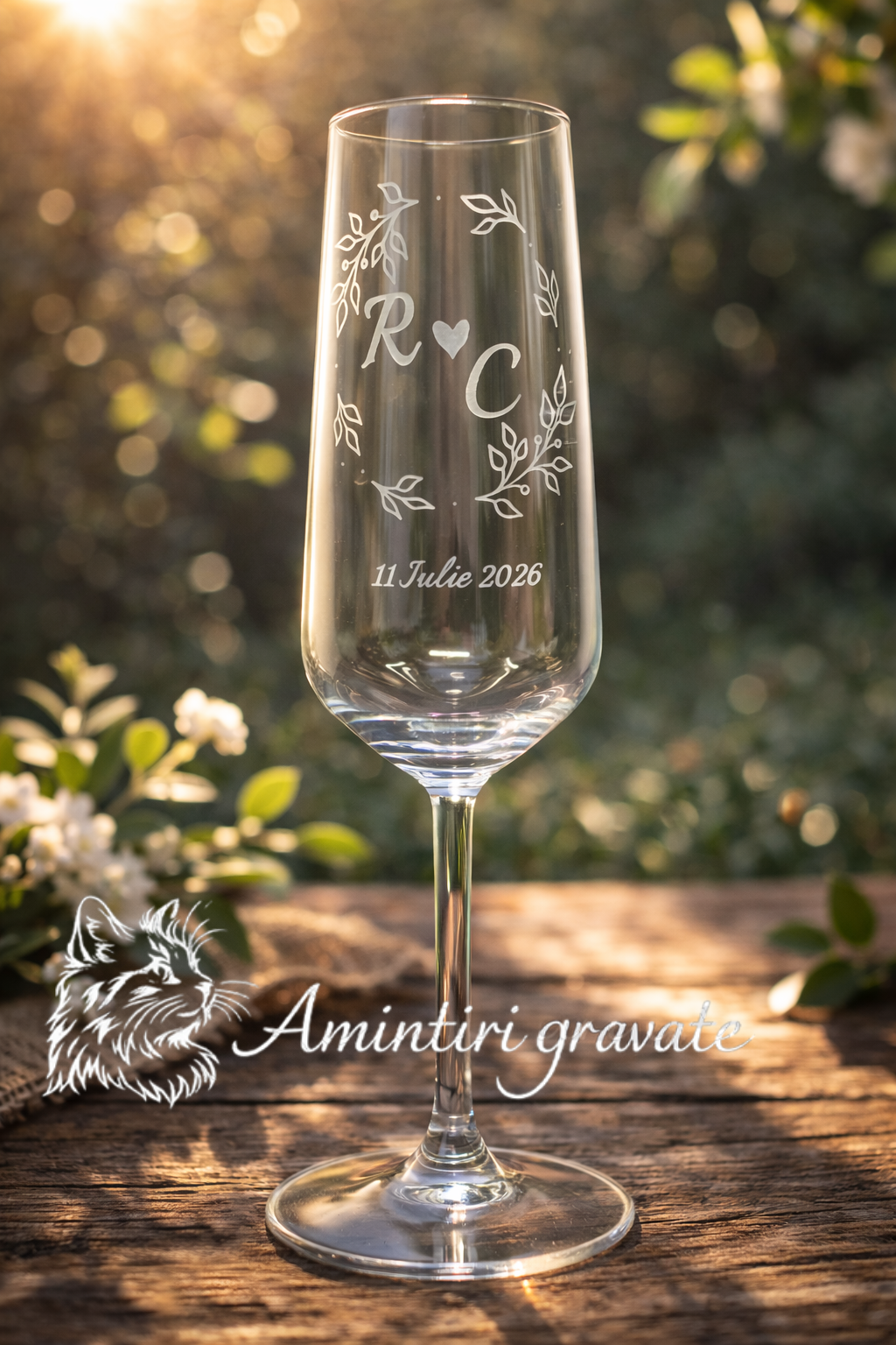 Pahar Șampanie Personalizat cu Inițiale Ramă Florală – Nuntă Pahar Șampanie Personalizat cu Inițiale Ramă Florală – Nuntă